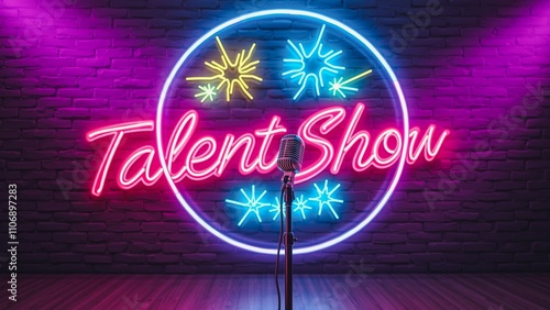 Neon Talent Show Stage, Vibrant neon sign reading 