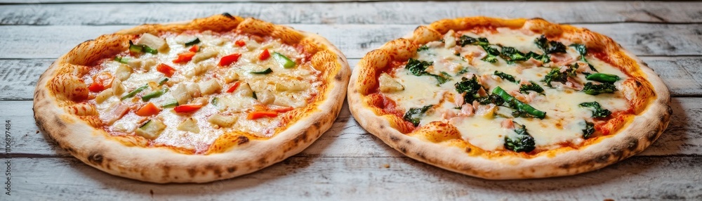 Two delicious pizzas with fresh toppings on rustic wooden table. Two delicious pizzas with fresh toppings on rustic wooden table.