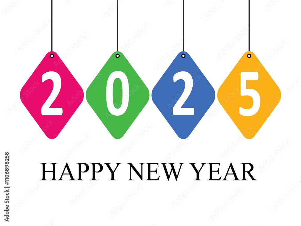 2025 happy new year text design on hanging cards . 2025 colorful text design vector illustration. New year illustration 2025. 2025 happy new year text design on hanging cards . 2025 colorful text design vector illustration. New year illustration 2025.