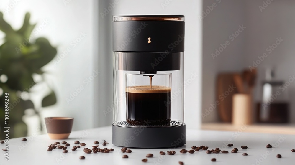 A sleek coffee maker brewing coffee on a white surface, surrounded by scattered coffee beans, creating a modern, clean aesthetic in the kitchen A sleek coffee maker brewing coffee on a white surface, surrounded by scattered coffee beans, creating a modern, clean aesthetic in the kitchen