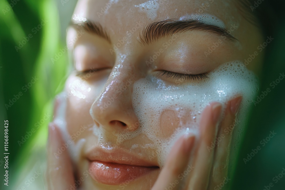A serene close-up of a woman gently washing her face with foamy cleanser A serene close-up of a woman gently washing her face with foamy cleanser