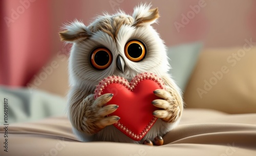 owl christmas An owl holding a heart on a bed, ai  animal, decoration, season, bird photo