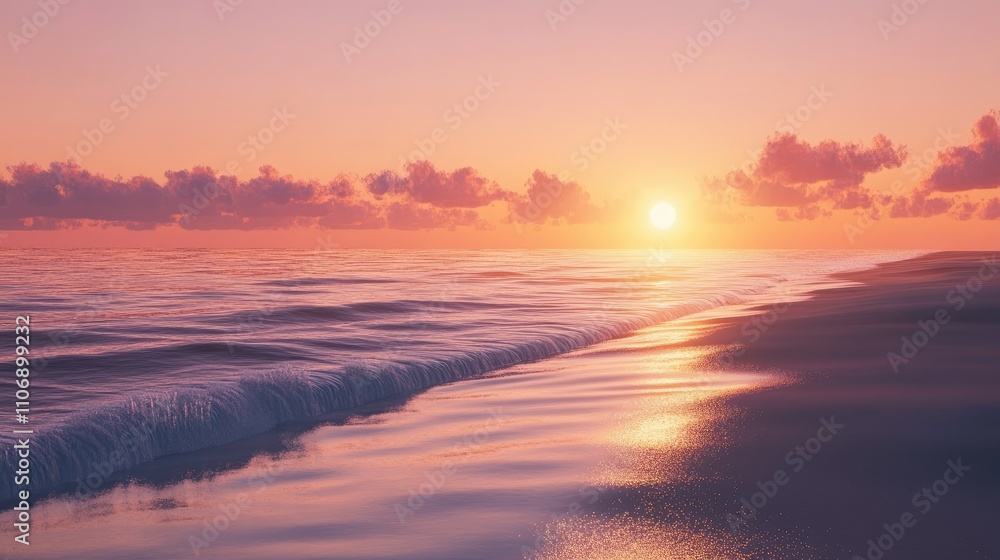 A tranquil beach scene as the sun sets on the horizon, casting vibrant orange and pink hues over the calm ocean waves and sandy shore. A tranquil beach scene as the sun sets on the horizon, casting vibrant orange and pink hues over the calm ocean waves and sandy shore.