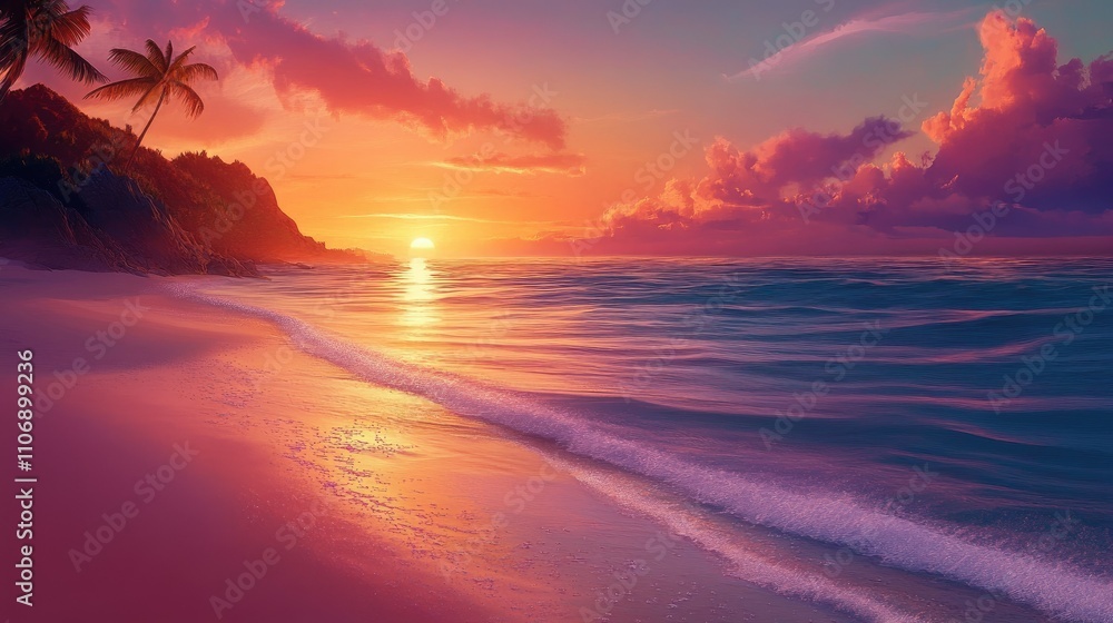 A tranquil beach scene as the sun sets on the horizon, casting vibrant orange and pink hues over the calm ocean waves and sandy shore. A tranquil beach scene as the sun sets on the horizon, casting vibrant orange and pink hues over the calm ocean waves and sandy shore.
