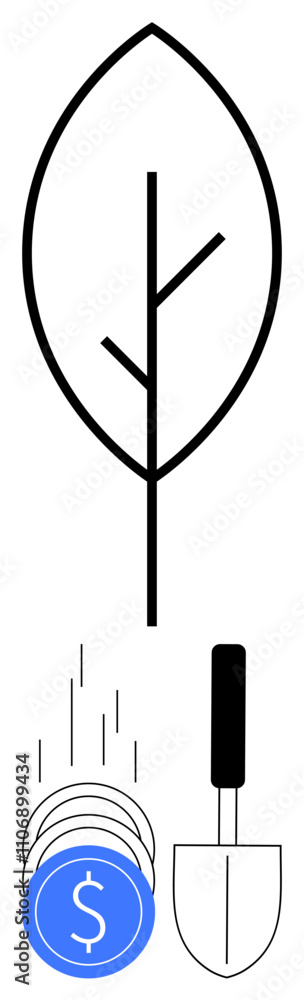 Stylized leaf above falling coins and a shovel suggesting investment growth. Ideal for finance, sustainability, investment, eco-friendly business, financial planning, gardening, and resource Stylized leaf above falling coins and a shovel suggesting investment growth. Ideal for finance, sustainability, investment, eco-friendly business, financial planning, gardening, and resource