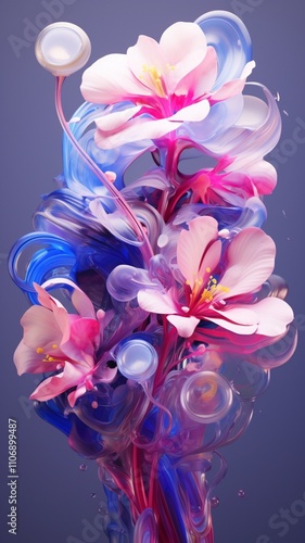 Illustration of glass Fantasy Flower sculpture, Purple and blue glass flowers