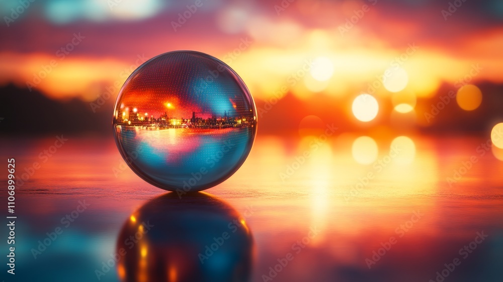 A Glass Sphere Reflecting a Sunset and Bokeh Lights A Glass Sphere Reflecting a Sunset and Bokeh Lights