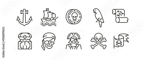 Pirate icons. Set of 10 pirate trendy minimal icons. Example: Anchor, Skull, Parrot, Ship Wheel, Flintlock icon. Design signs for web page, mobile app, packaging design. Vector illustration.