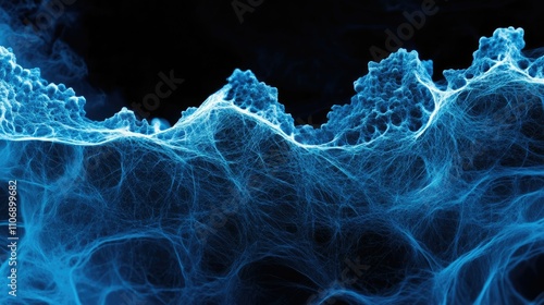 A vivid, magnified fluorescent image of blue asbestos fibers illuminated under an electron microscope, showing their sharp, complex structures on a dark backdrop photo