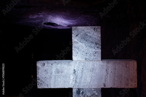 Cross in the Salt Cathedral of Zipaquirá, underground Catholic church built within the tunnels of a salt mine in a halite mountain near the city of Zipaquira, in Cundinamarca, Colombia. photo