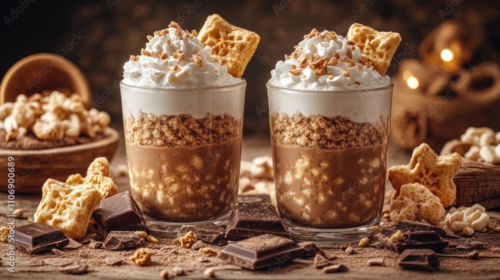 Two glasses of chocolate dessert parfaits topped with whipped cream and crispy cereal. Two glasses of chocolate dessert parfaits topped with whipped cream and crispy cereal.