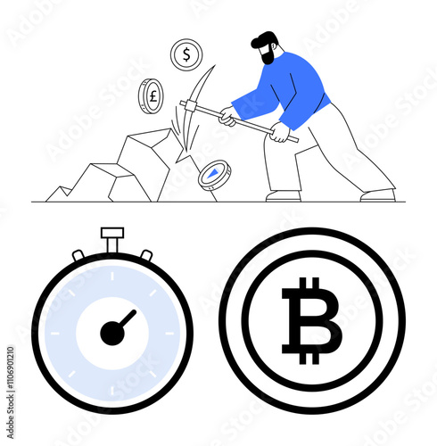 Worker with pickaxe mines cryptocurrencies. Symbols include Bitcoin pound euro stopwatch. Ideal for finance investment, digital currency, time management, technology, blockchain, mining. Line