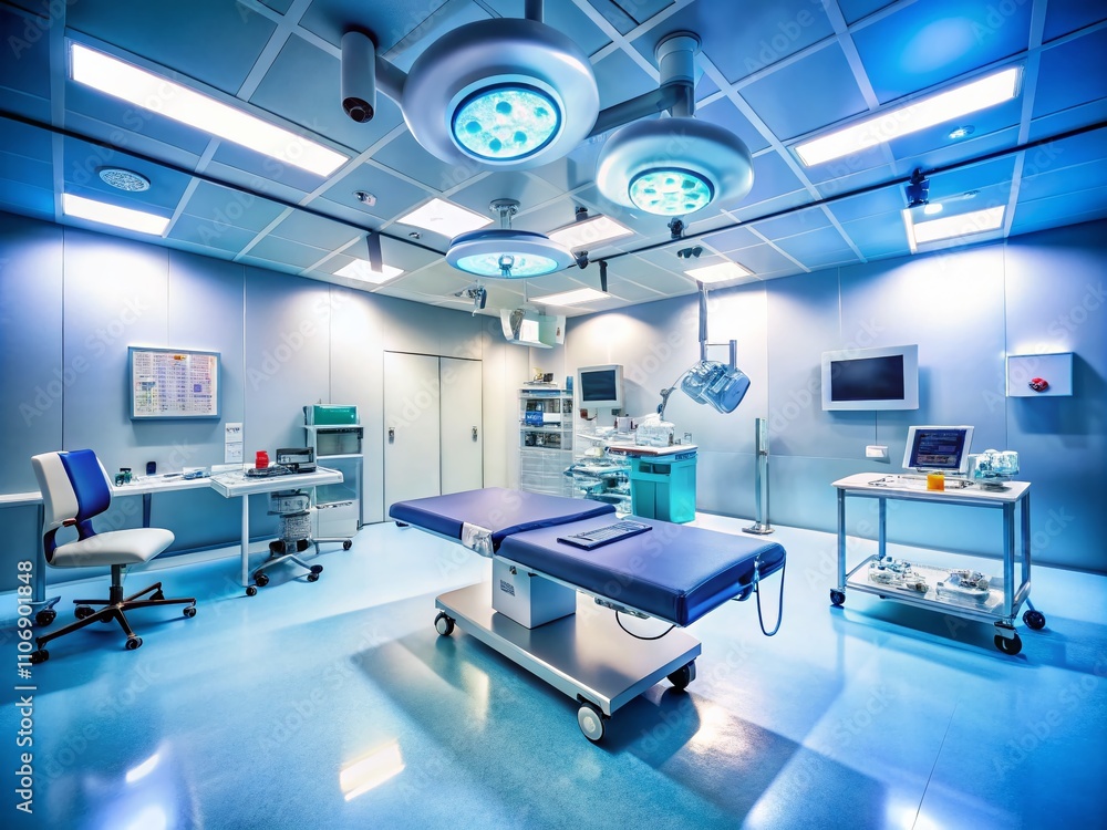Empty Hospital Operating Room with Surgical Bed and Bright Light - A Tilt-Shift Perspective of a Clean, Sterile Environment for Medical Procedures Empty Hospital Operating Room with Surgical Bed and Bright Light - A Tilt-Shift Perspective of a Clean, Sterile Environment for Medical Procedures