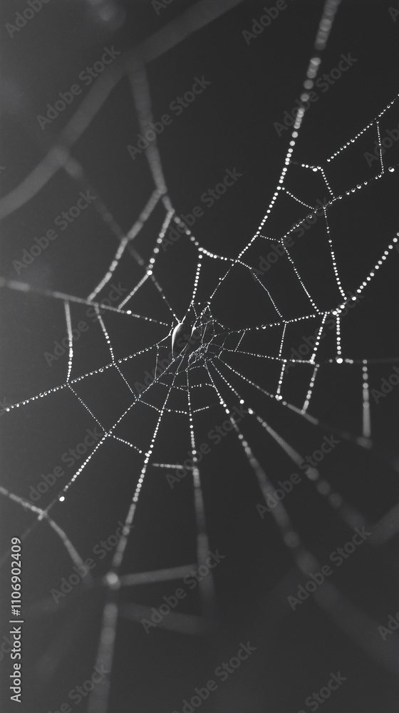 Obraz premium Spider Web with Dew Against Blurred Dark Background