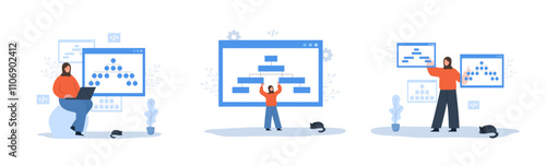 Sitemap creation. Set of Vector illustrations. Website creation tool. Arab Female developers with laptops. Online software and web page structure. UX designer workflow.