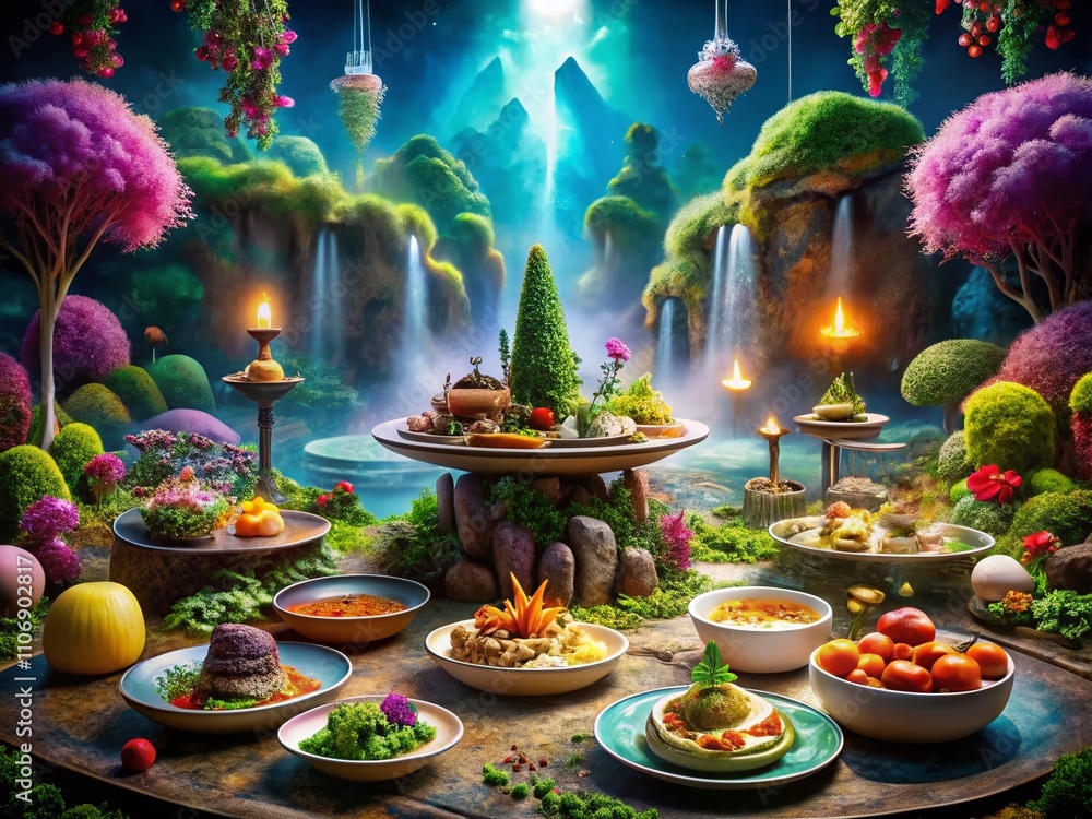 Enchanted Forests and Mystical Mountains: A Culinary Journey through Floating Islands and Futuristic Cities with Glowing Flora and Magical Creatures