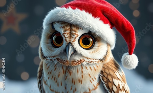 owl christmas Christmas owl in santa hat on festive background, ideal for ads, postcards, with text space  animal, decoration, season, bird photo