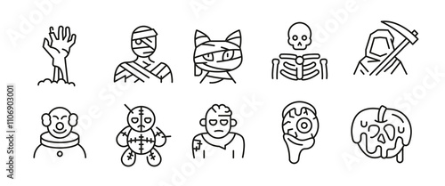 Halloween monsters icons. Set of 10 trendy minimal icons. Frankenstein, Clown, Death, Ghost icon. Design signs for web page, mobile app, packaging design. Vector illustration