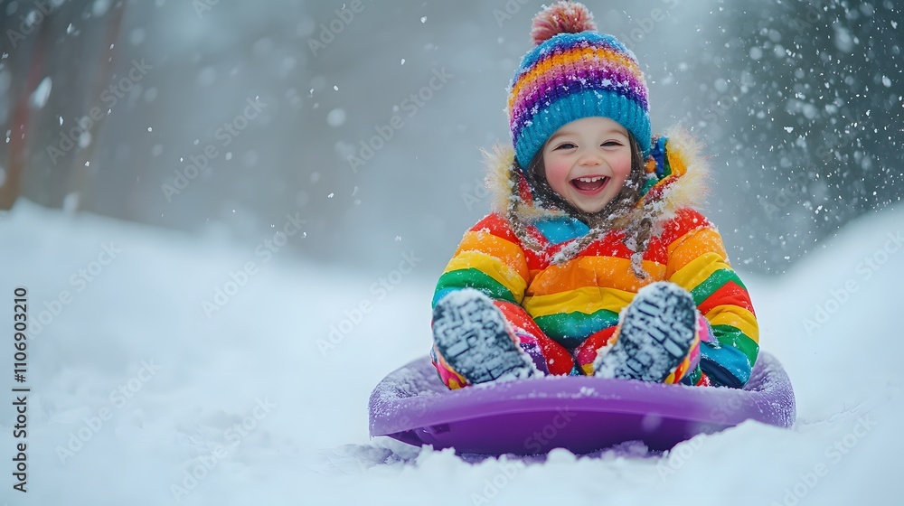 Child joyfully sledding in snowy landscape.