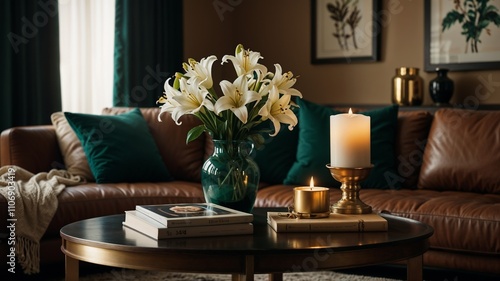Living Room, A Sculptural Vase with fresh White Lilies And Modern Candle set