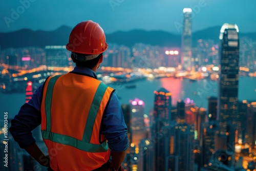 Construction worker hard hat safety vest overlooking cityscape Hong Kong skyline