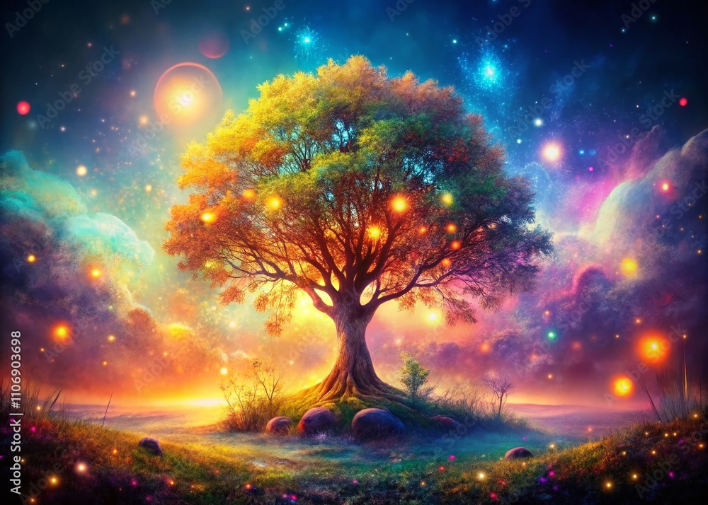 Enchanted Tree of Life in a Dreamlike Landscape: A Spiritual and Fantasy Art Representation of Nature, Religion, and Connection to the Universe Enchanted Tree of Life in a Dreamlike Landscape: A Spiritual and Fantasy Art Representation of Nature, Religion, and Connection to the Universe