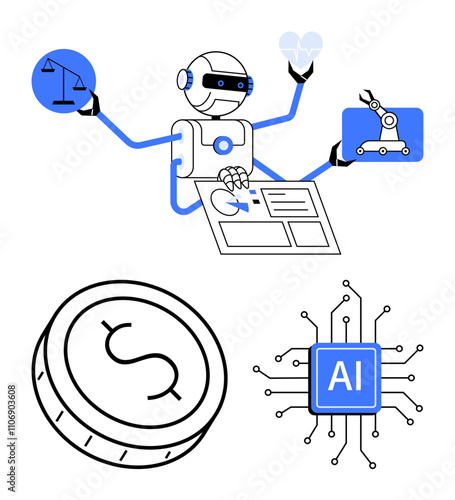 Multifunctional robot balancing scales, holding a heart, operating a robotic arm, and analyzing documents coin and AI chip. Ideal for AI, robotics, technology, finance, law healthcare automation