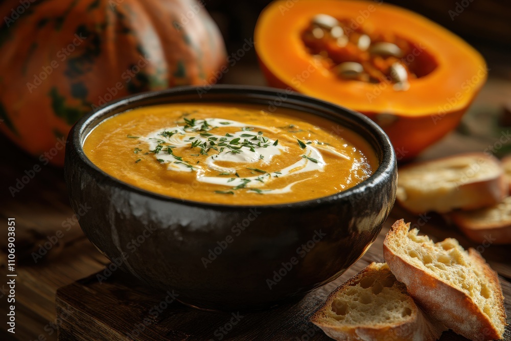 Creamy pumpkin soup rustic wooden table dark ceramic bowl swirl of cream fresh herb garnish Creamy pumpkin soup rustic wooden table dark ceramic bowl swirl of cream fresh herb garnish