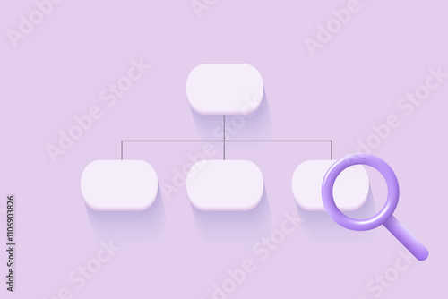 Sitemap 3D icon with magnifier. Flowchart UI UX. Vector illustration. Architecture site concept. SEO optimization. Perfect for web and app interfaces, infographics.