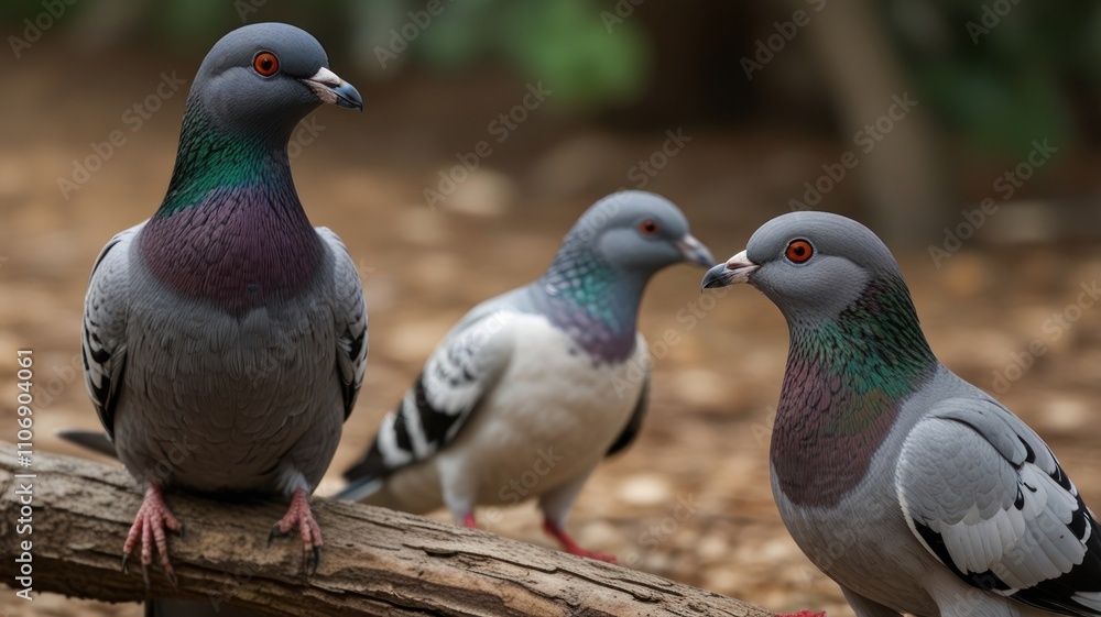 Three pigeons perched on a log, interacting. Three pigeons perched on a log, interacting.