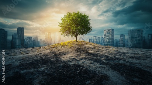 Post-apocalyptic cityscape: a desolate urban environment reclaimed by nature after human civilization's collapse