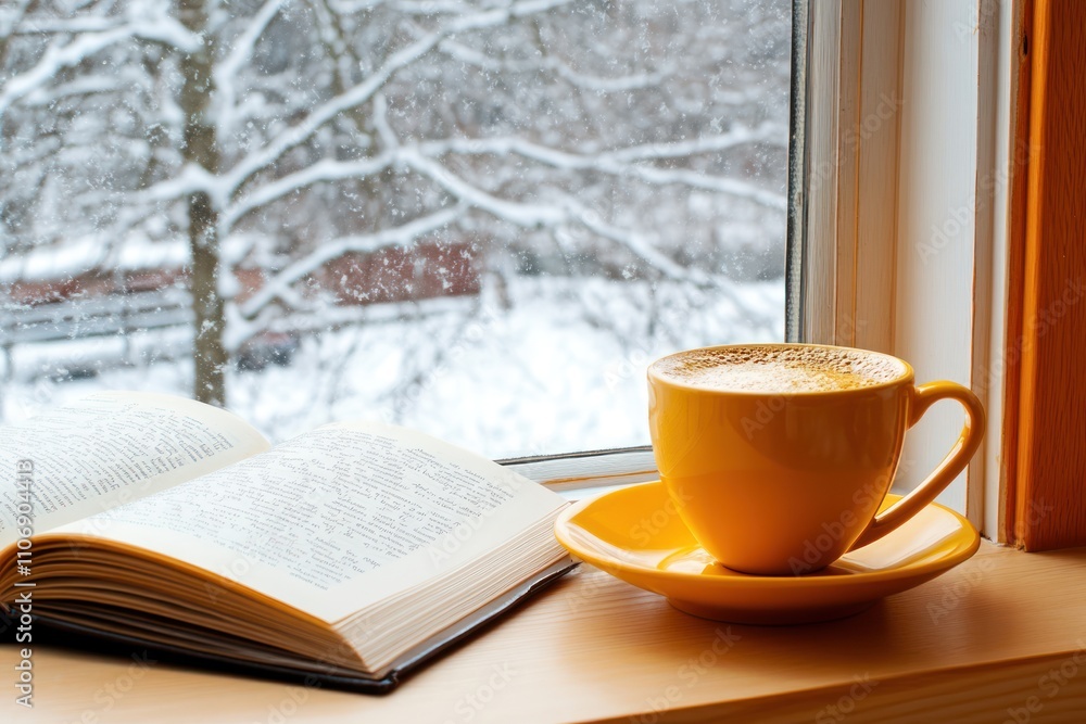 a yellow cup of coffee and open book on window sill on winter day a yellow cup of coffee and open book on window sill on winter day