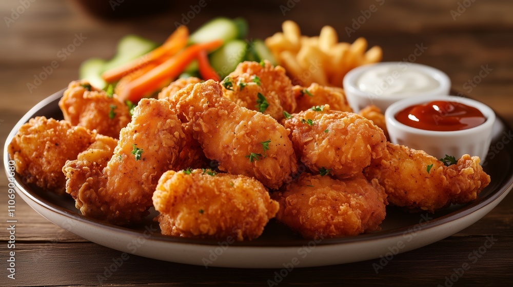 Crispy fried chicken nuggets with vibrant dips, fresh veggies, and soft lighting create an irresistible feast. Crispy fried chicken nuggets with vibrant dips, fresh veggies, and soft lighting create an irresistible feast.