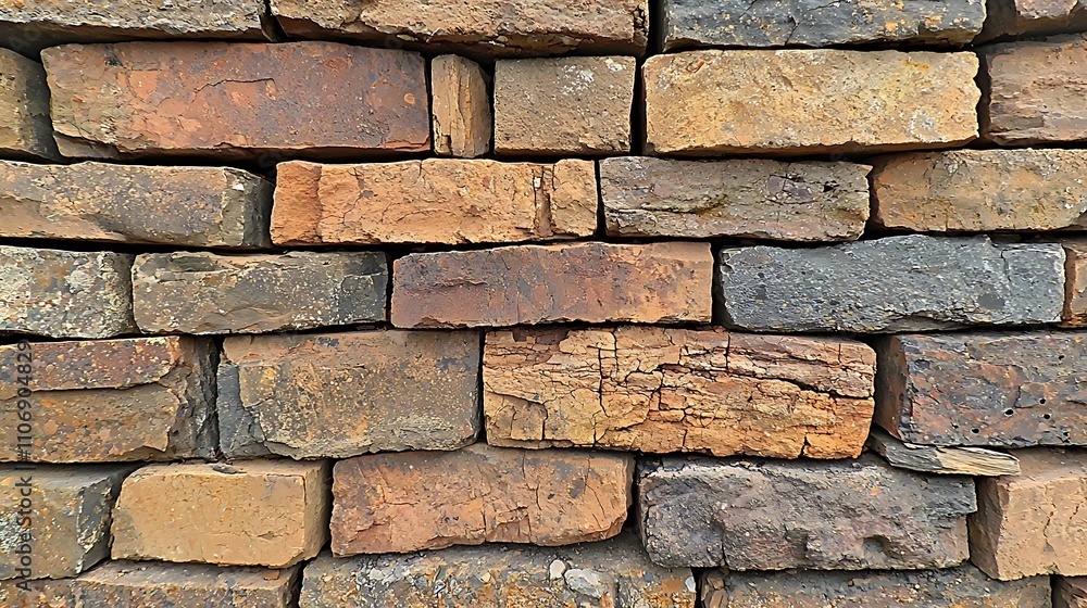 Close-up of a rustic brick wall with varied colors and textures. Close-up of a rustic brick wall with varied colors and textures.