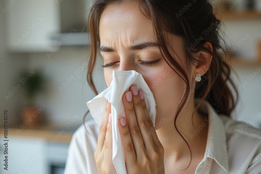 Woman blowing nose into tissue experiencing illness Woman blowing nose into tissue experiencing illness