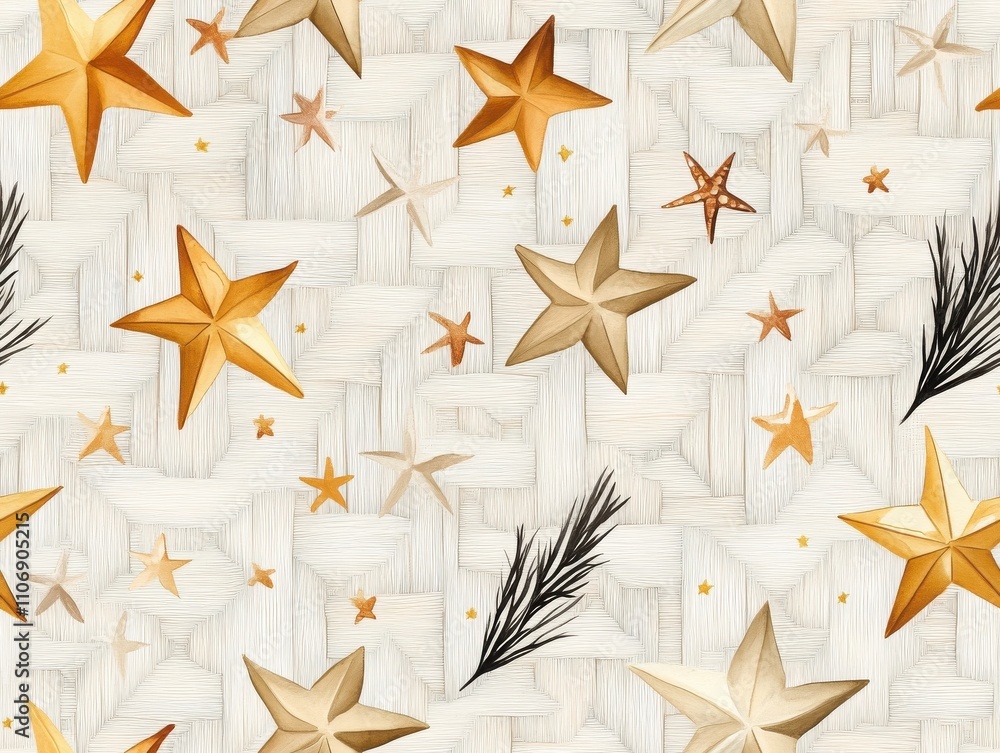 Obraz premium Boho and minimalist styles in a Christmas seamless pattern. Festive pattern with golden stars and pine branches on a light background.