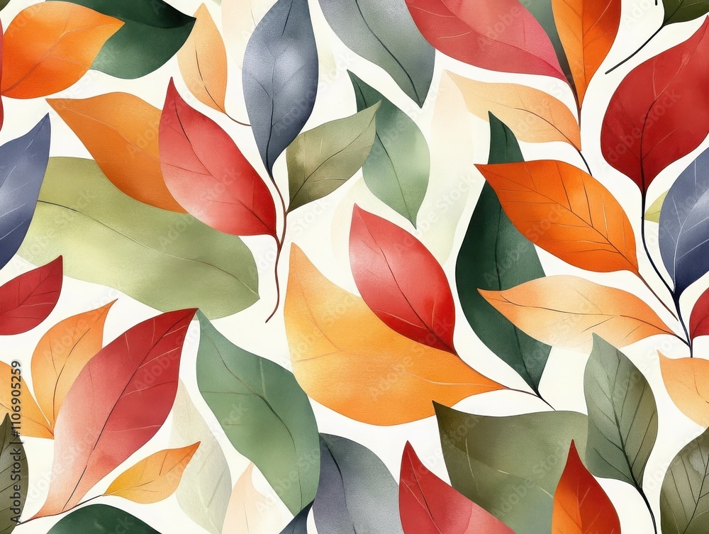 Boho and minimalist styles in a Christmas seamless pattern. Vibrant watercolor leaves pattern in autumn colors.