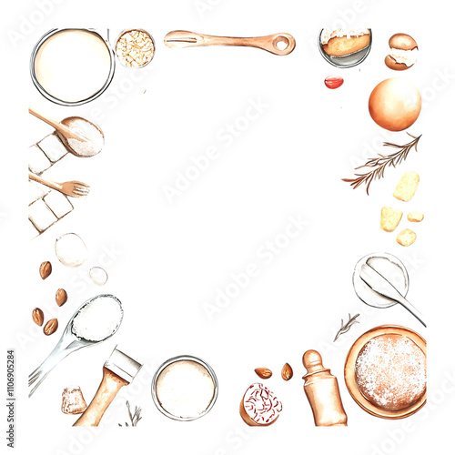 Baking Ingredients Frame Flour Sugar Milk Eggs Almonds Rosemary Pastry Tools Watercolor Illustration