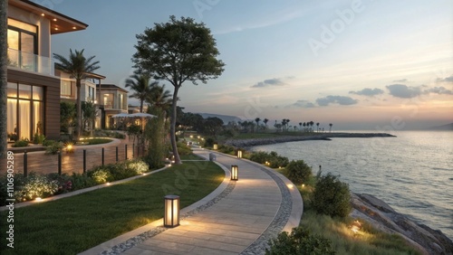 A serene waterfront district with glowing pathways alongside a virtual ocean where users envision tranquil living spaces amid stunning scenery.