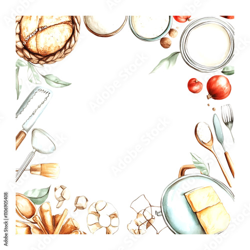 Watercolor Kitchen Utensils and Ingredients Border Frame for Recipe or Food Blog Design