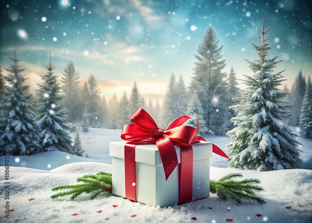 Obraz premium Enchanting Double Exposure of a White Gift Box with Red Ribbon Nestled in a Winter Wonderland of Snowflakes and Pine Trees, Perfect for Holiday Promotions and Festive Greetings