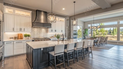Modern kitchen interior with luxurious finishes, a spacious island, and designer appliances creating a high-end cooking space