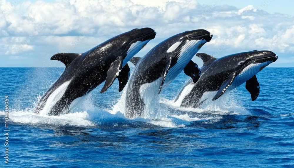 Fototapeta premium three orcas leaping out of the ocean under a bright sky