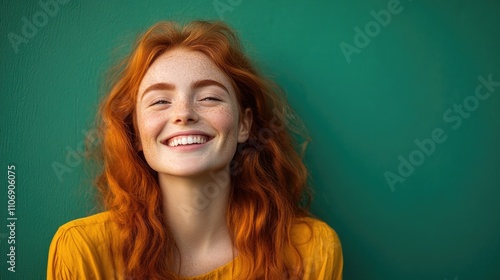 Cheerful ginger woman with a vibrant smile standing against a green background