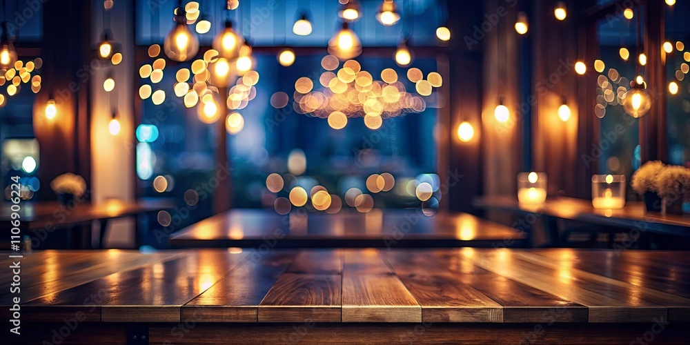 Warm Evening Ambiance Gleaming Wooden Tabletop with Blurred Background of Hanging Lights and Cozy Interior