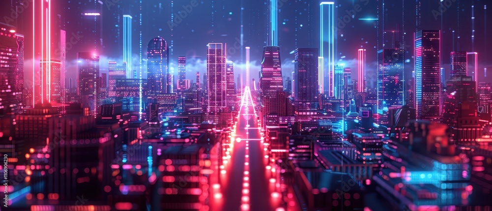 Fototapeta premium A vibrant, futuristic cityscape illuminated by neon lights in pink and blue, showcasing towering buildings and a dynamic urban environment.