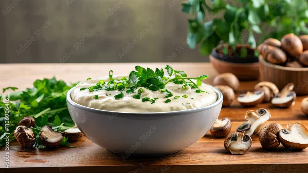 Creamy mushroom soup garnished with fresh herbs sitting on wooden table Creamy mushroom soup garnished with fresh herbs sitting on wooden table