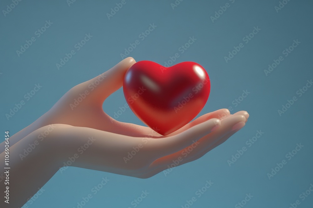Hands gently holding a red heart love and care concept soft lighting blue background Hands gently holding a red heart love and care concept soft lighting blue background