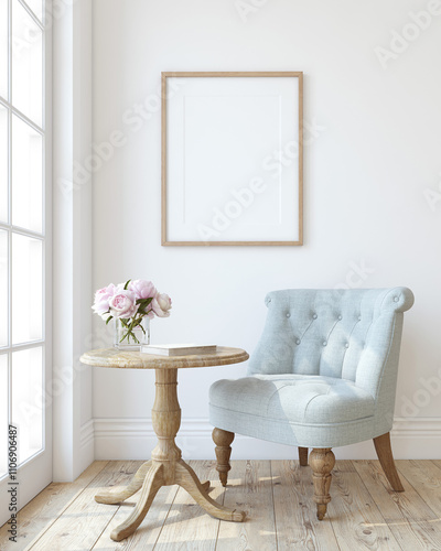 Modern living-room interior. Poster mockup. 3d render.