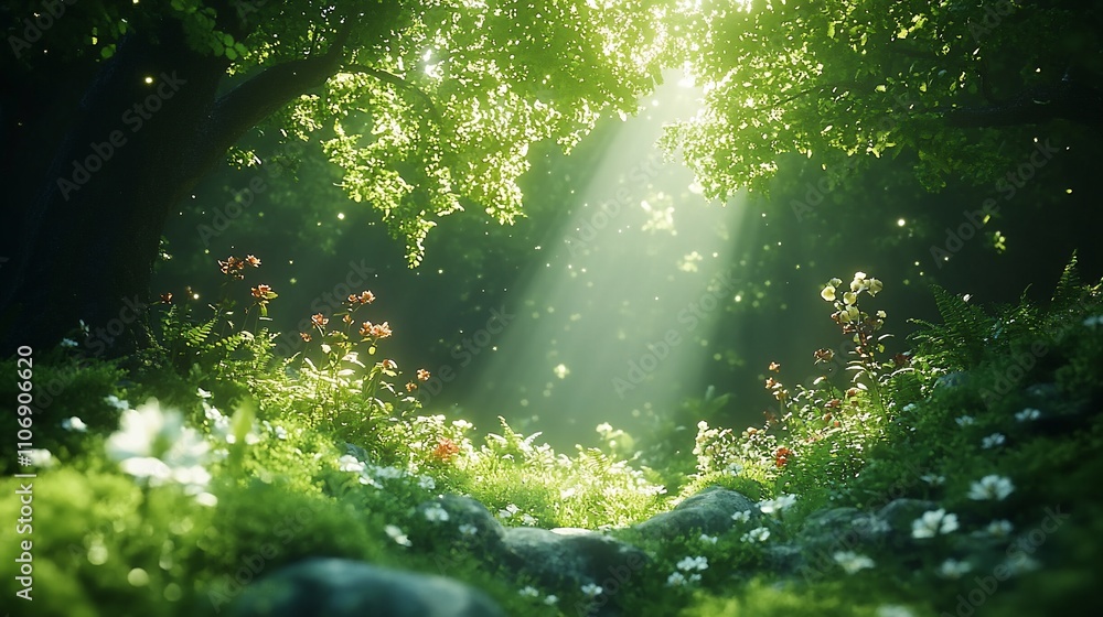 Fototapeta premium A serene forest scene with sunlight filtering through trees, illuminating flowers and greenery.